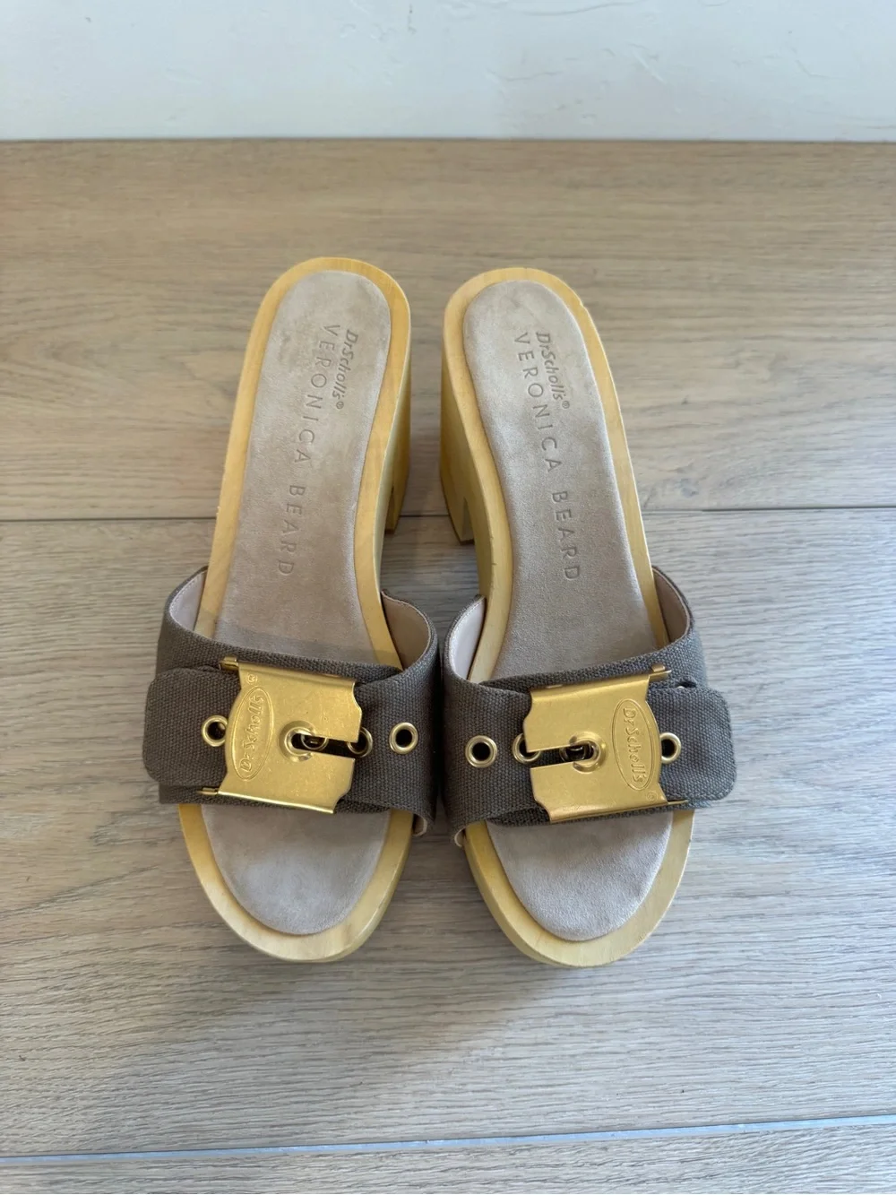 Dr. Scholl's x Veronica Beard Hula Canvas Buckle Mule Clogs Wooden Platform